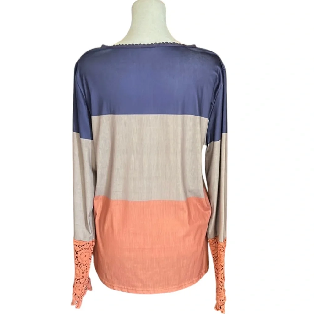 Unbranded Colorblock Crochet Lace Sleeve Henley Shirt Size XL - Picture 3 of 9